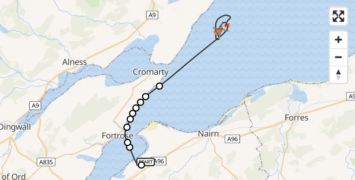 Flight route Coastguard Helicopter Inverness Airport - North Sea, 03 July 2026, 13:22