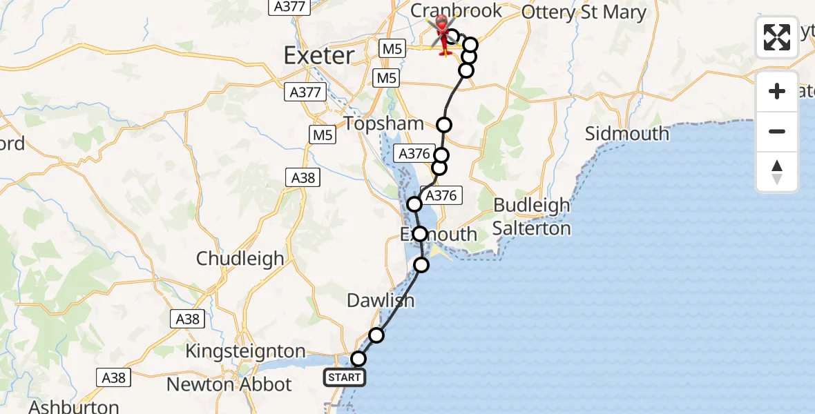 Flight route Air Ambulance Helicopter Shaldon - Exeter International Airport, 03 July 2026, 13:23