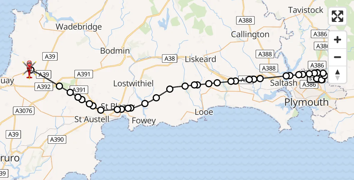 Flight route Air Ambulance Helicopter Derriford Hospital - Cornwall Airport Newquay, 03 July 2026, 13:27