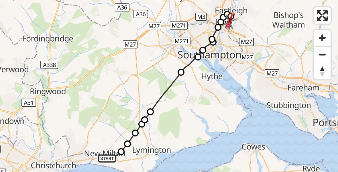 Flight route Air Ambulance Helicopter New Milton - Southampton Airport, 03 July 2026, 13:29