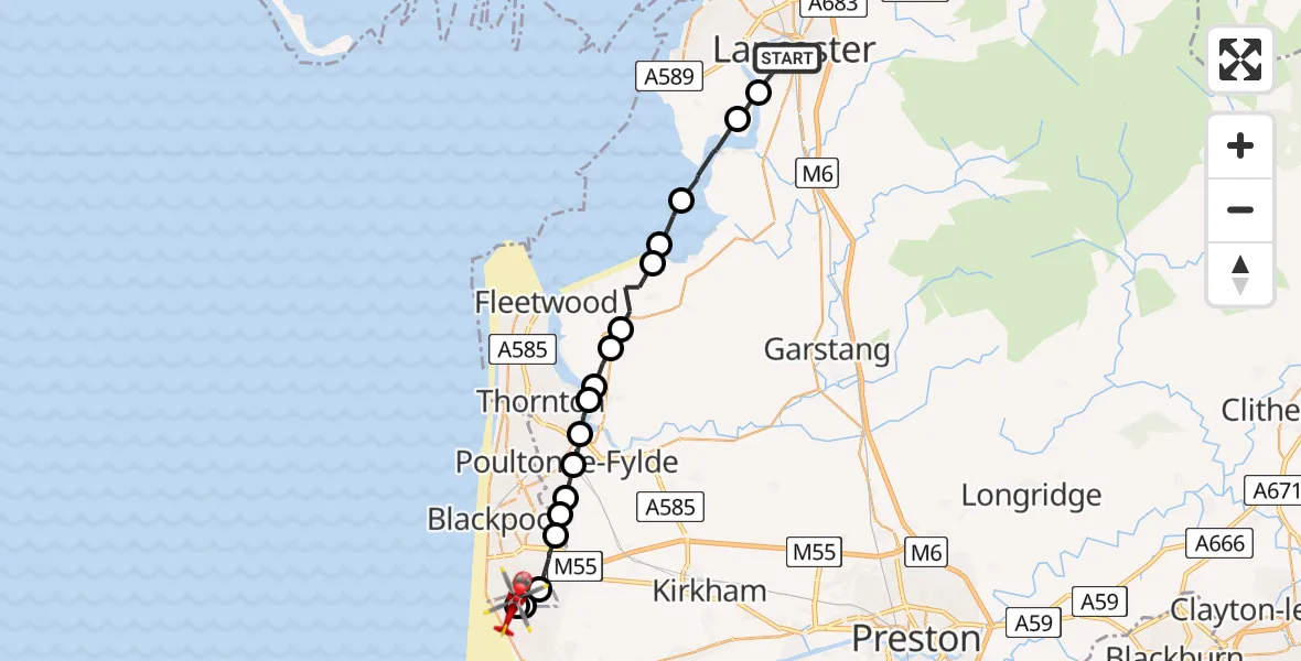 Flight route Air Ambulance Helicopter Aldcliffe - Blackpool Airport, 03 July 2026, 14:03