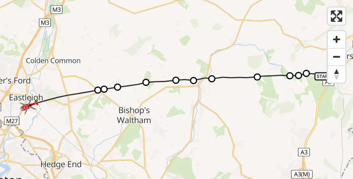 Flight route Air Ambulance Helicopter Buriton - Eastleigh, 03 July 2026, 14:12