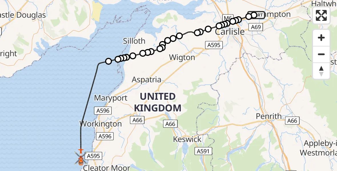 Flight route Coastguard Helicopter Carlisle Lake District Airport - Irish Sea, 03 July 2026, 14:13