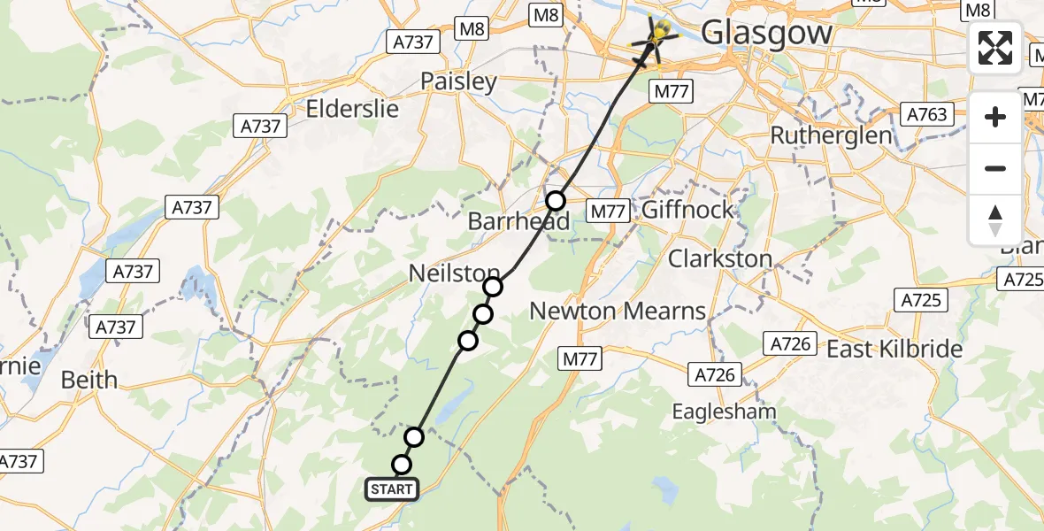 Flight route Police Helicopter Townend of Fullwood - Glasgow, 03 July 2026, 14:17