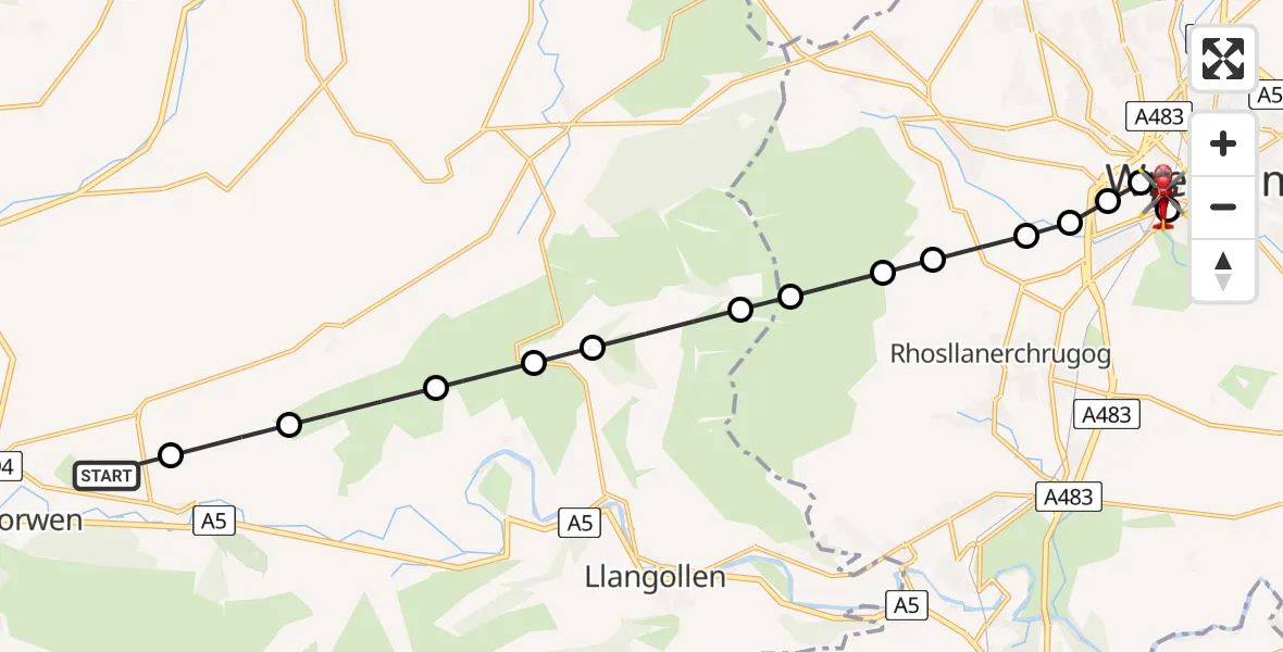 Flight route Air Ambulance Helicopter Corwen - Felin Puleston, 03 July 2026, 14:41