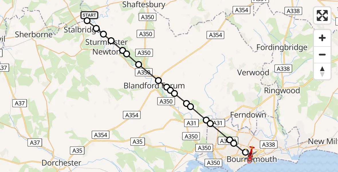 Flight route Air Ambulance Helicopter Henstridge Airfield - Bournemouth, 03 July 2026, 15:10