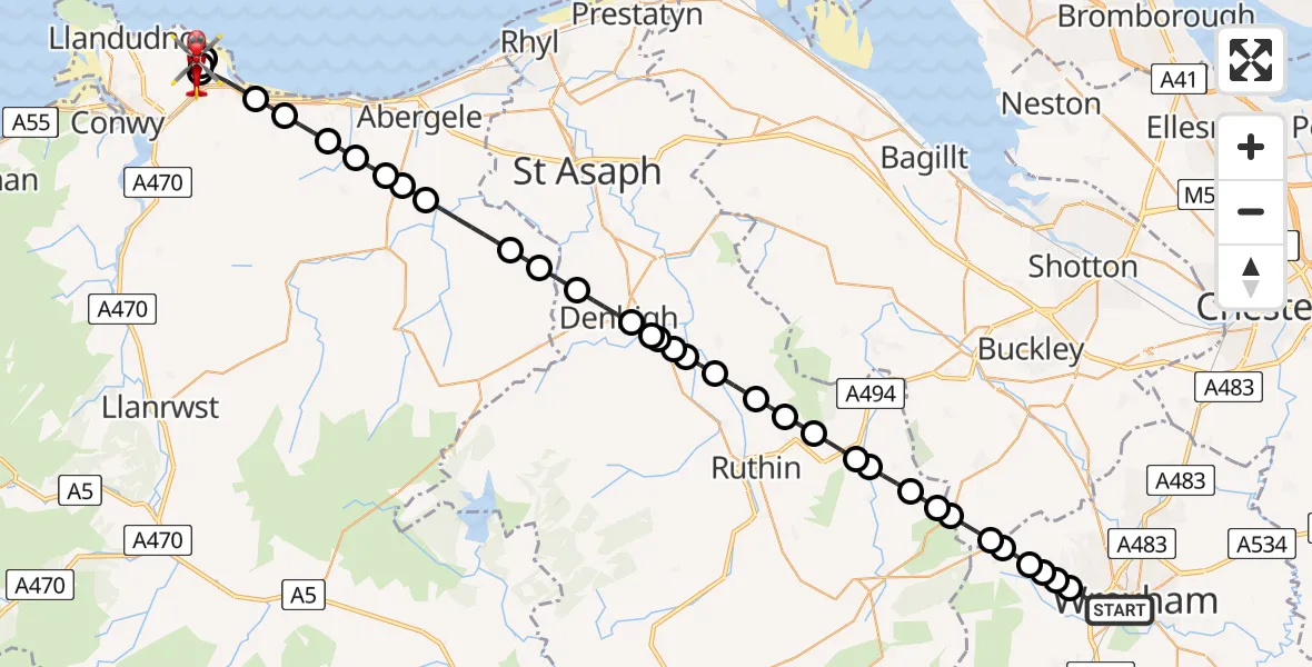 Flight route Air Ambulance Helicopter Felin Puleston - Llandudno Junction, 03 July 2026, 15:14