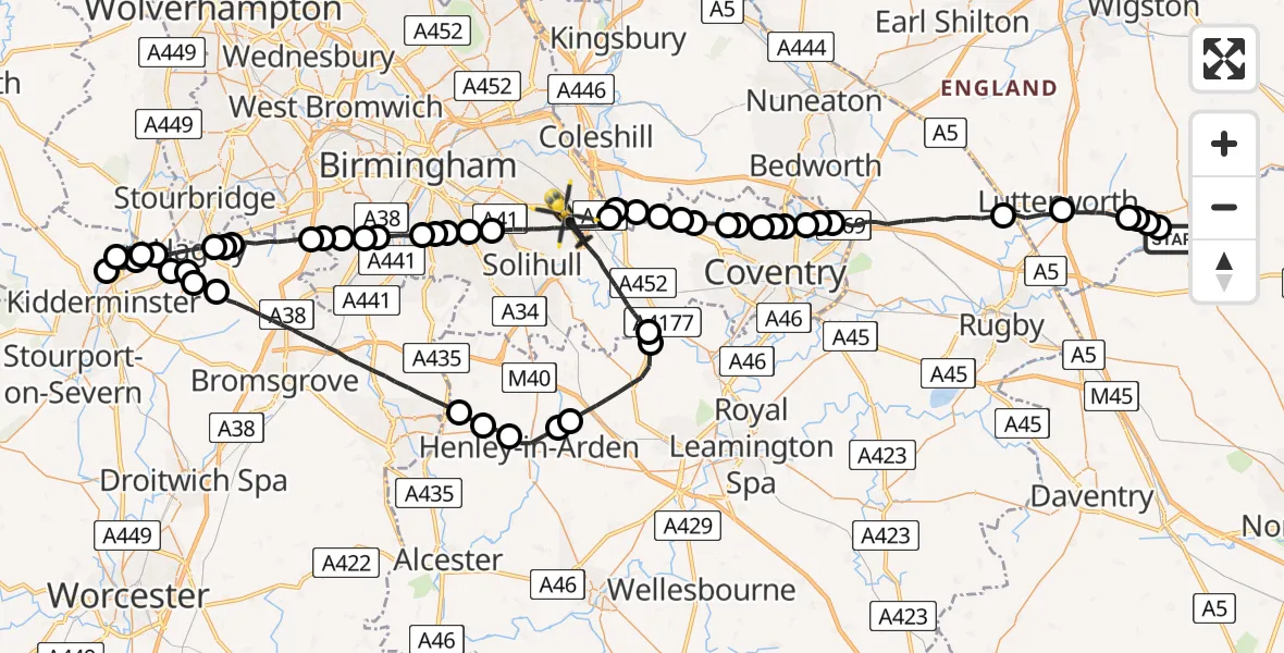 Flight route Police Helicopter Husbands Bosworth - Birmingham Airport, 03 July 2026, 15:21
