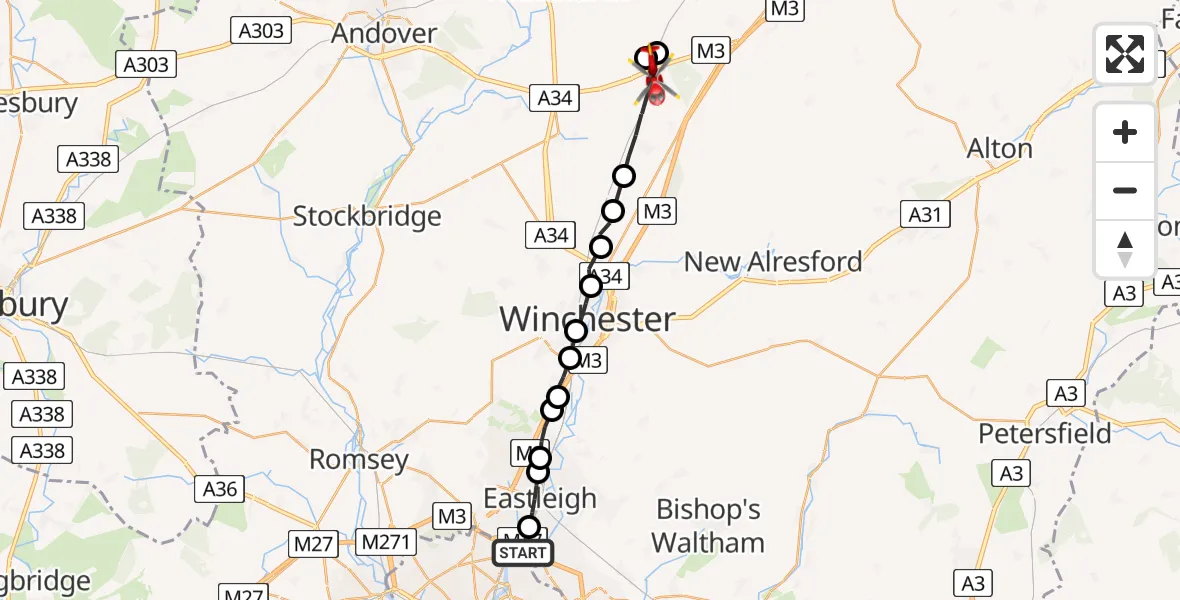 Flight route Air Ambulance Helicopter Southampton Airport - Micheldever, 03 July 2026, 15:24