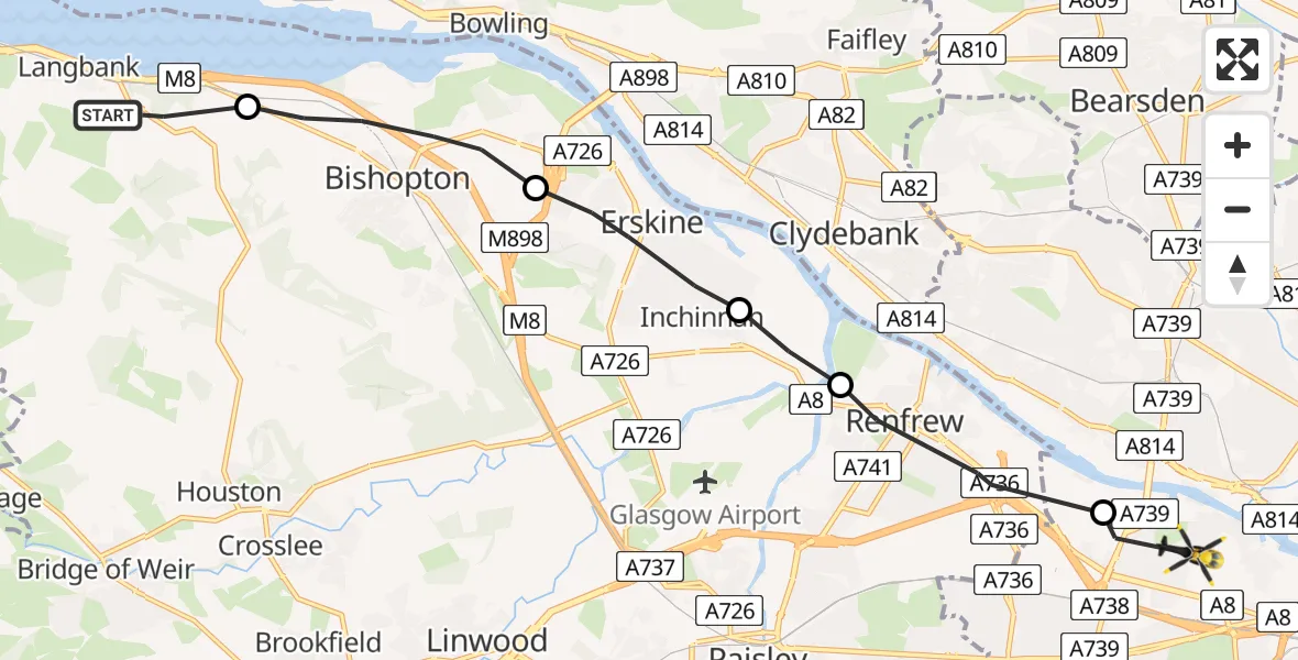 Flight route Police Helicopter Langbank - Glasgow, 03 July 2026, 15:32