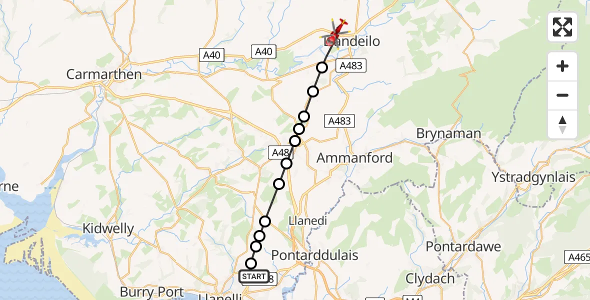 Flight route Air Ambulance Helicopter Dafen - Llandeilo, 03 July 2026, 15:35