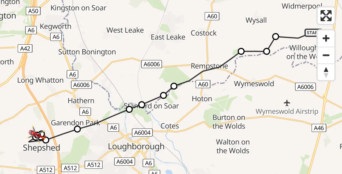 Flight route Air Ambulance Helicopter Willoughby on the Wolds - Shepshed, 03 July 2026, 15:36