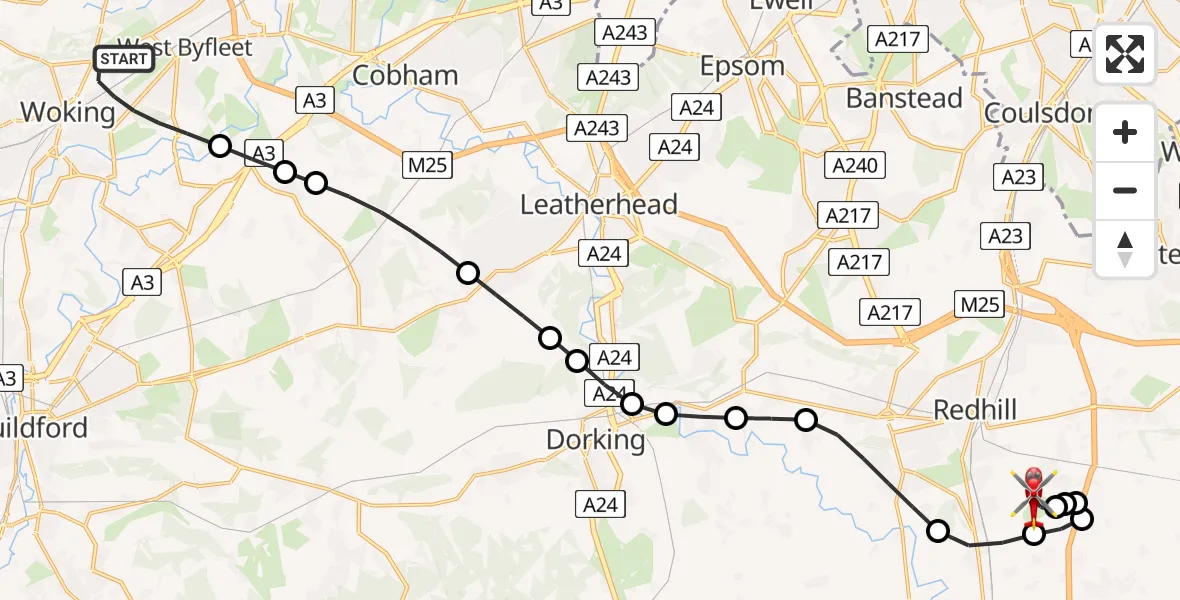 Flight route Air Ambulance Helicopter Woking - Redhill Aerodrome, 03 July 2026, 15:44