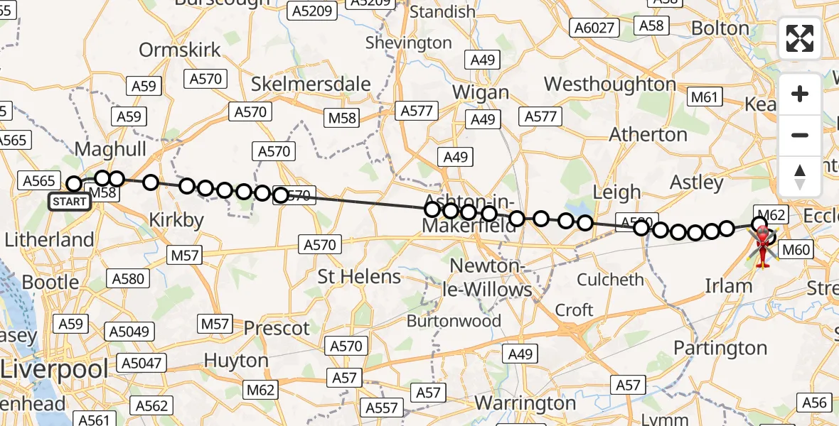 Flight route Air Ambulance Helicopter Litherland - Manchester Barton Aerodrome, 03 July 2026, 16:00