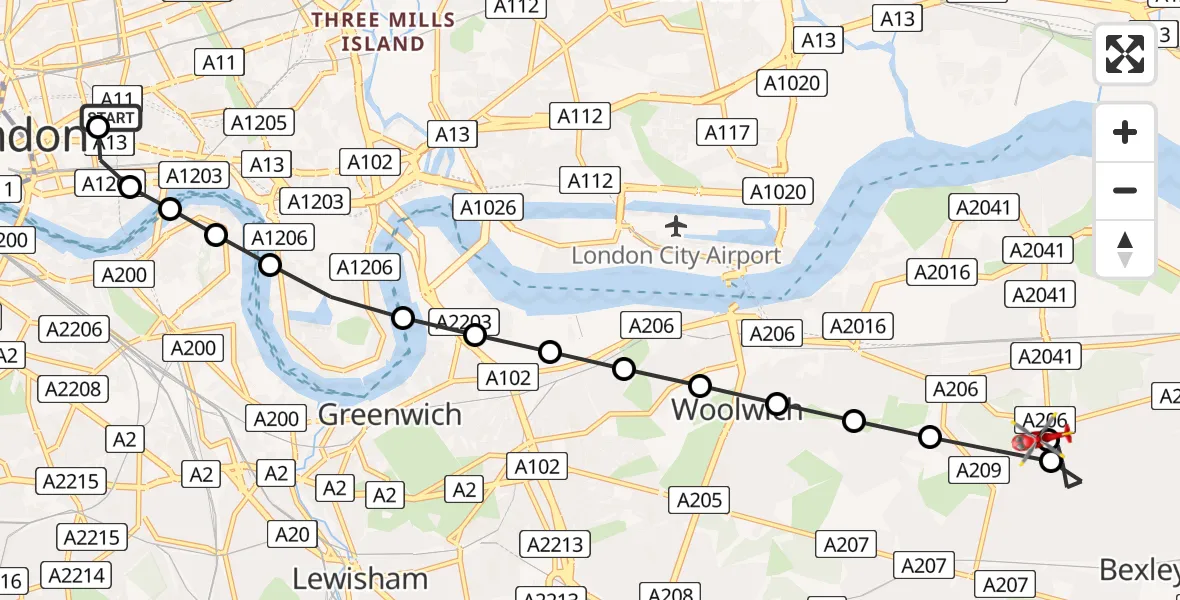 Flight route Air Ambulance Helicopter Royal London Hospital - Abbey Wood, 03 July 2026, 16:10