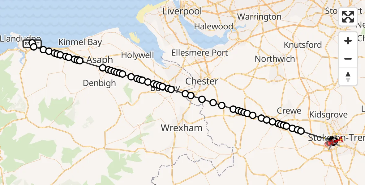 Flight route Air Ambulance Helicopter Colwyn Bay - University Hospital North Staffs, 03 July 2026, 16:18