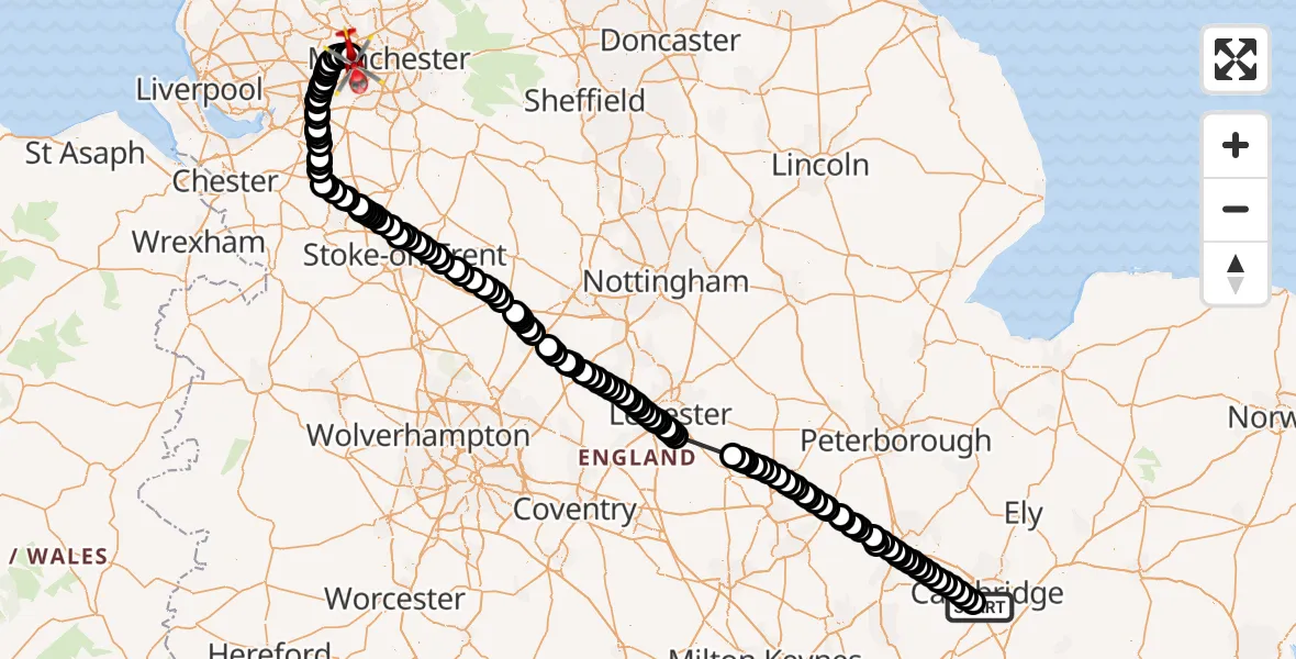Flight route Air Ambulance Helicopter Grantchester - Irlam, 03 July 2026, 16:19