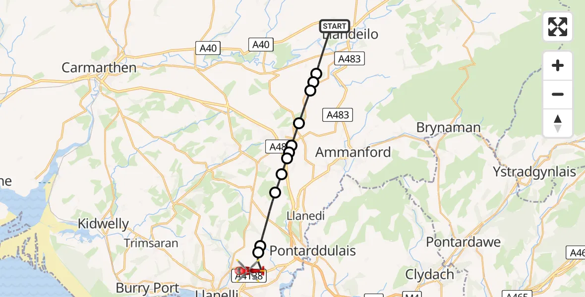 Flight route Air Ambulance Helicopter Llandeilo - Dafen, 03 July 2026, 16:23