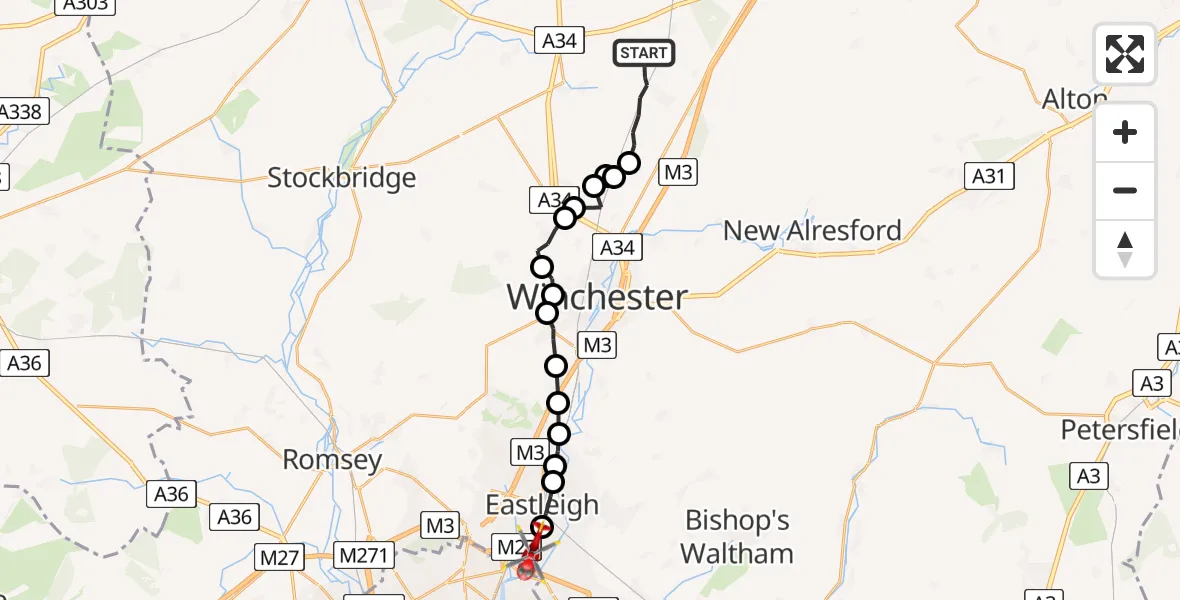 Flight route Air Ambulance Helicopter Micheldever - Southampton Airport, 03 July 2026, 16:27