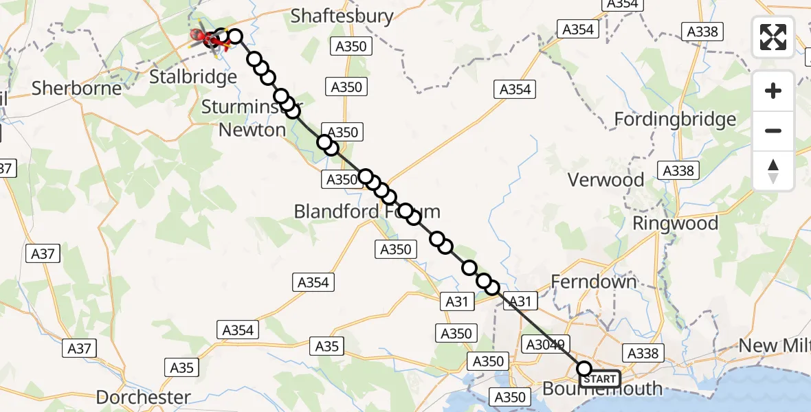 Flight route Air Ambulance Helicopter Bournemouth - Henstridge Airfield, 03 July 2026, 16:46