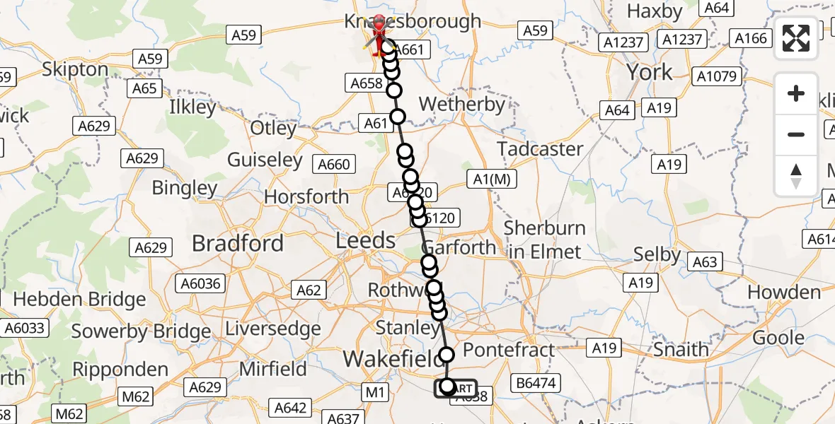 Flight route Air Ambulance Helicopter YAA Nostell Helicopter Port - Harrogate, 03 July 2026, 16:48