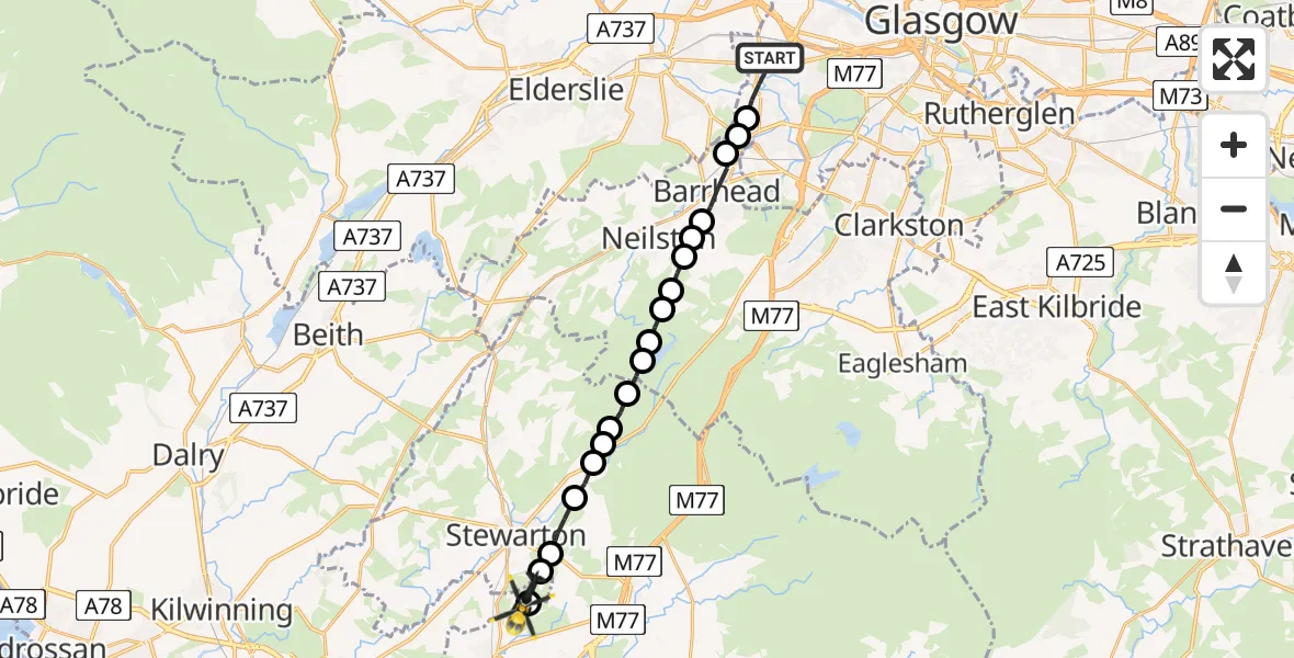 Flight route Police Helicopter Glasgow - Stewarton, 03 July 2026, 16:50