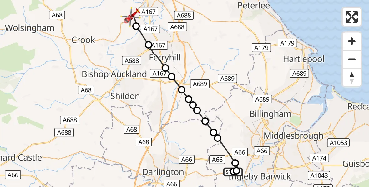 Flight route Air Ambulance Helicopter Egglescliffe - Brandon, 03 July 2026, 16:52