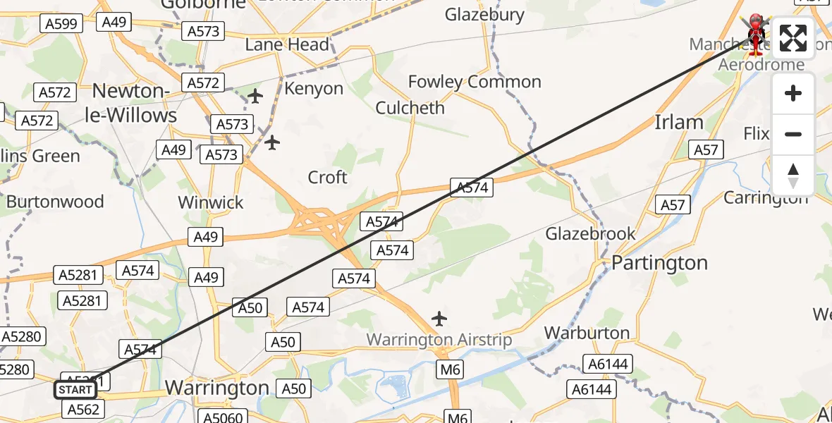 Flight route Air Ambulance Helicopter Great Sankey - Irlam, 03 July 2026, 16:56