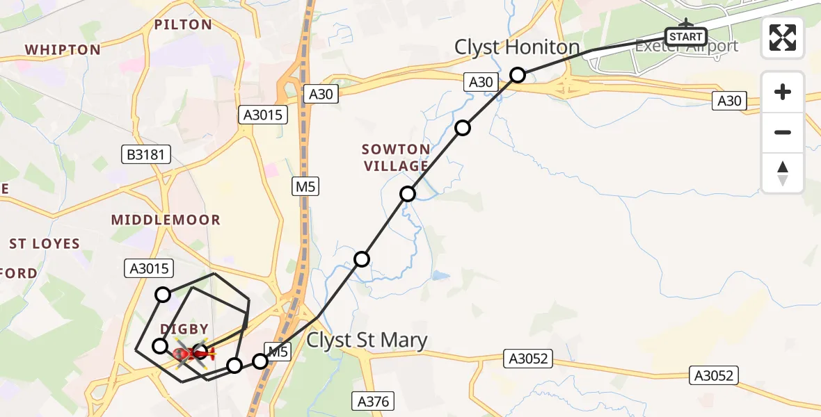 Flight route Air Ambulance Helicopter Exeter International Airport - Topsham, 03 July 2026, 17:02