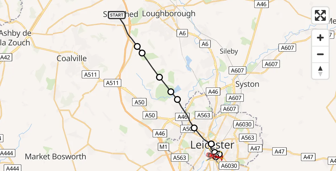 Flight route Air Ambulance Helicopter Shepshed - Bede Island, 03 July 2026, 17:05