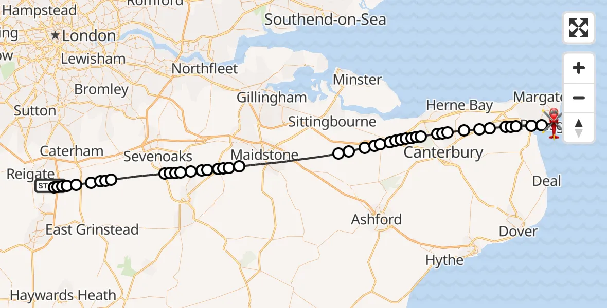Flight route Air Ambulance Helicopter Redhill Aerodrome - Ramsgate, 03 July 2026, 17:05