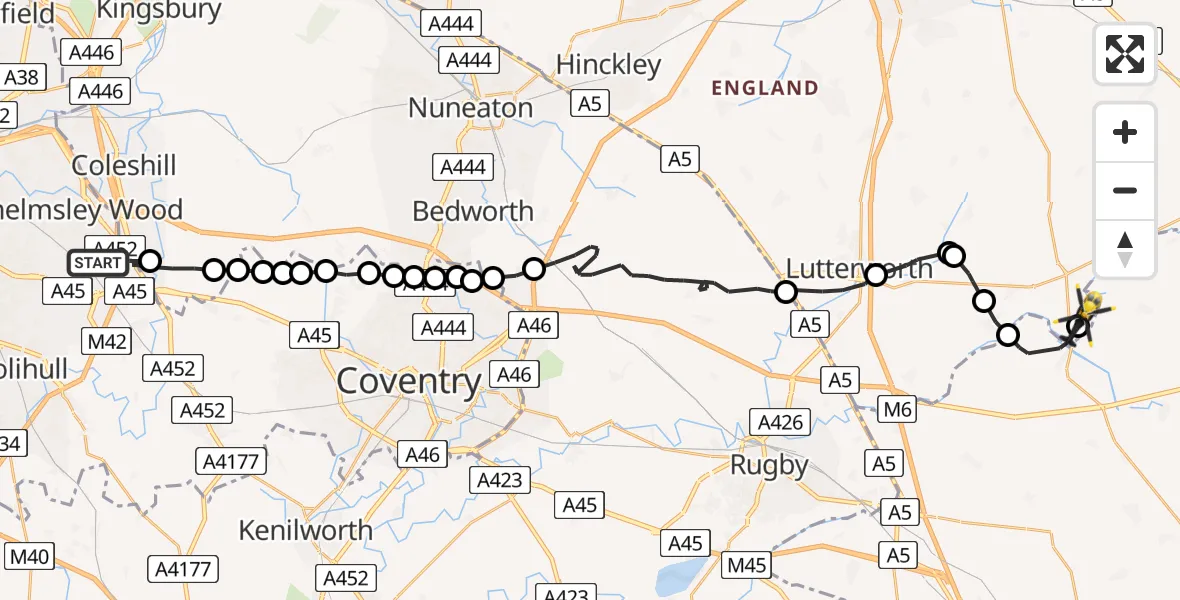 Flight route Police Helicopter Solihull - Harborough, 03 July 2026, 17:09
