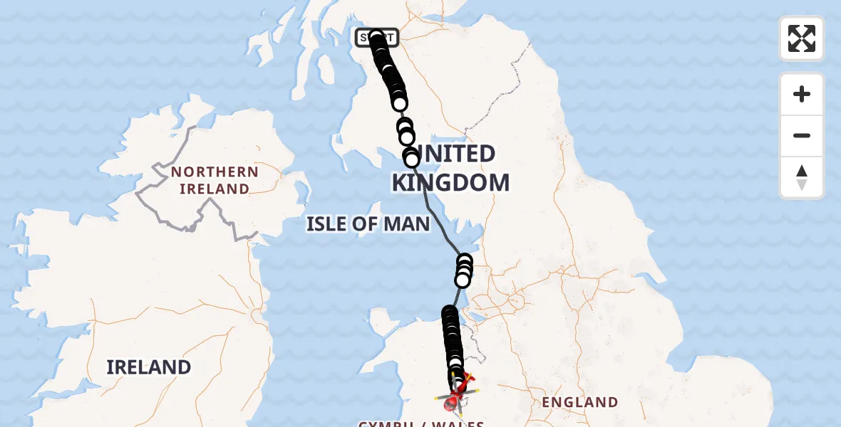 Flight route Air Ambulance Helicopter Glasgow Airport - Welshpool Airport, 03 July 2026, 17:10