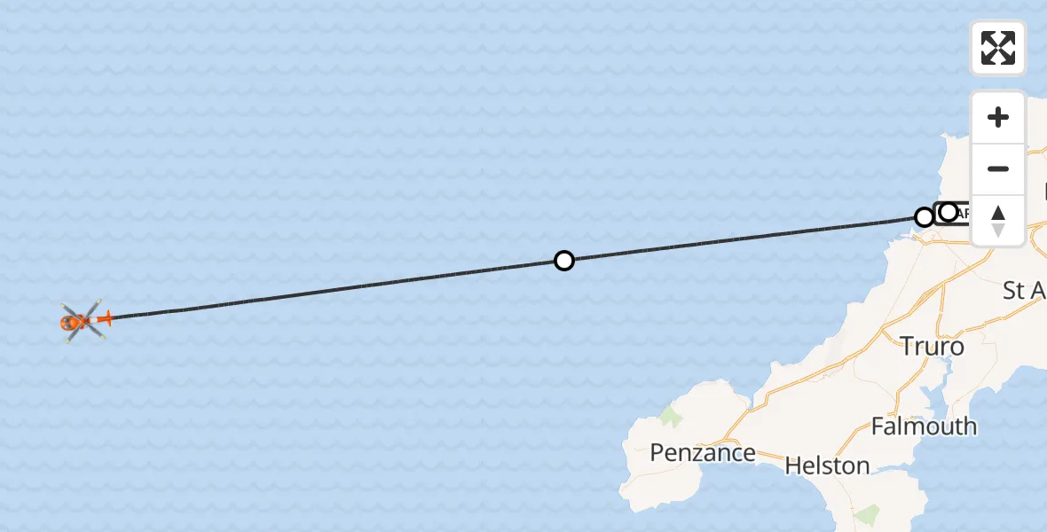 Flight route Coastguard Helicopter Cornwall Airport Newquay - North Atlantic Ocean, 03 July 2026, 17:14