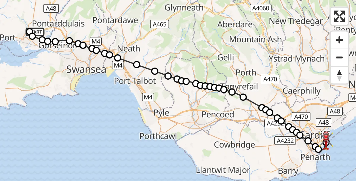 Flight route Air Ambulance Helicopter Dafen - Cardiff Heliport, 03 July 2026, 17:20