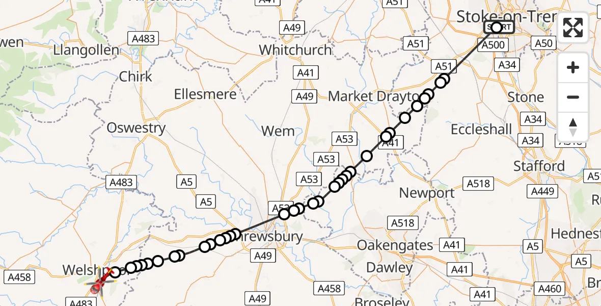 Flight route Air Ambulance Helicopter University Hospital North Staffs - Leighton, 03 July 2026, 17:21