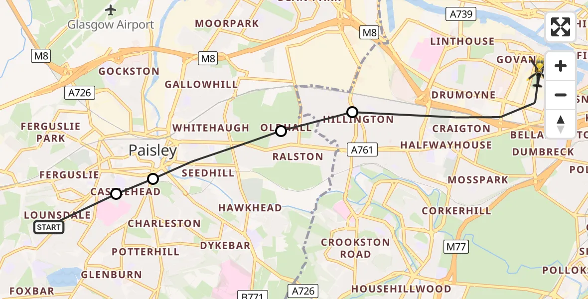 Flight route Police Helicopter Elderslie - Glasgow, 03 July 2026, 17:24