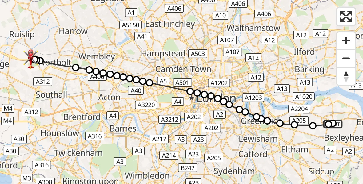 Flight route Air Ambulance Helicopter Abbey Wood - RAF Northolt, 03 July 2026, 17:28