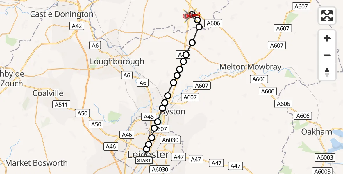 Flight route Air Ambulance Helicopter Bede Island - Nottingham Heliport, 03 July 2026, 17:29