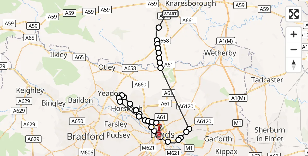 Flight route Air Ambulance Helicopter Harrogate - Woodhouse, 03 July 2026, 17:37