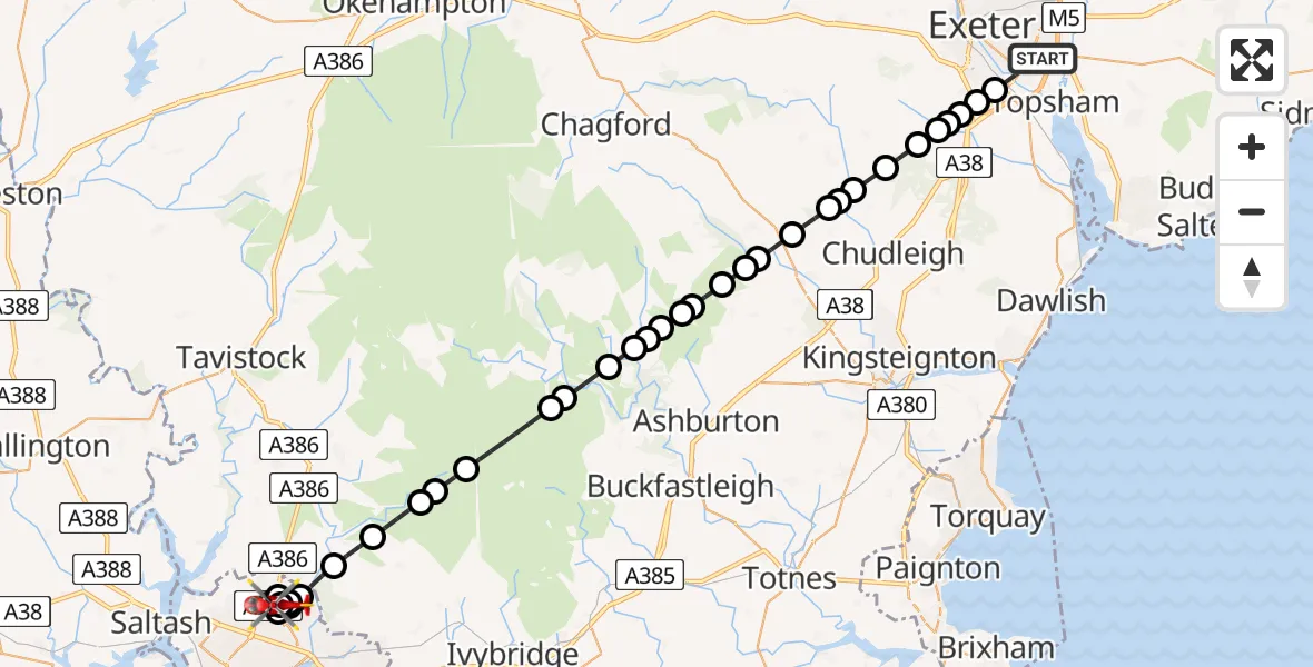 Flight route Air Ambulance Helicopter Topsham - Derriford Hospital, 03 July 2026, 17:48