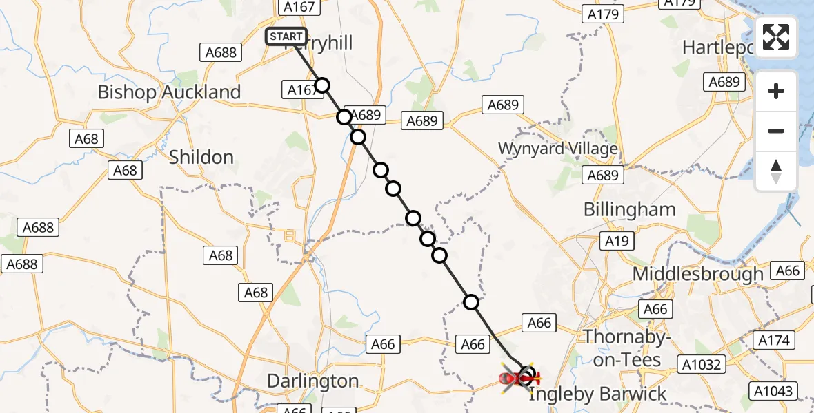 Flight route Air Ambulance Helicopter Ferryhill - Longnewton, 03 July 2026, 17:48