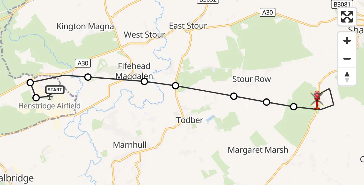 Flight route Air Ambulance Helicopter Henstridge Airfield - Fontmell Magna, 03 July 2026, 18:01