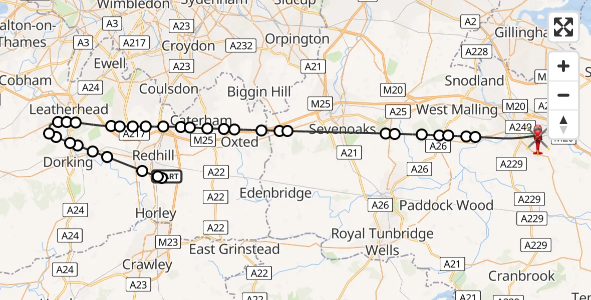 Flight route Air Ambulance Helicopter Redhill Aerodrome - Maidstone, 03 July 2026, 18:21