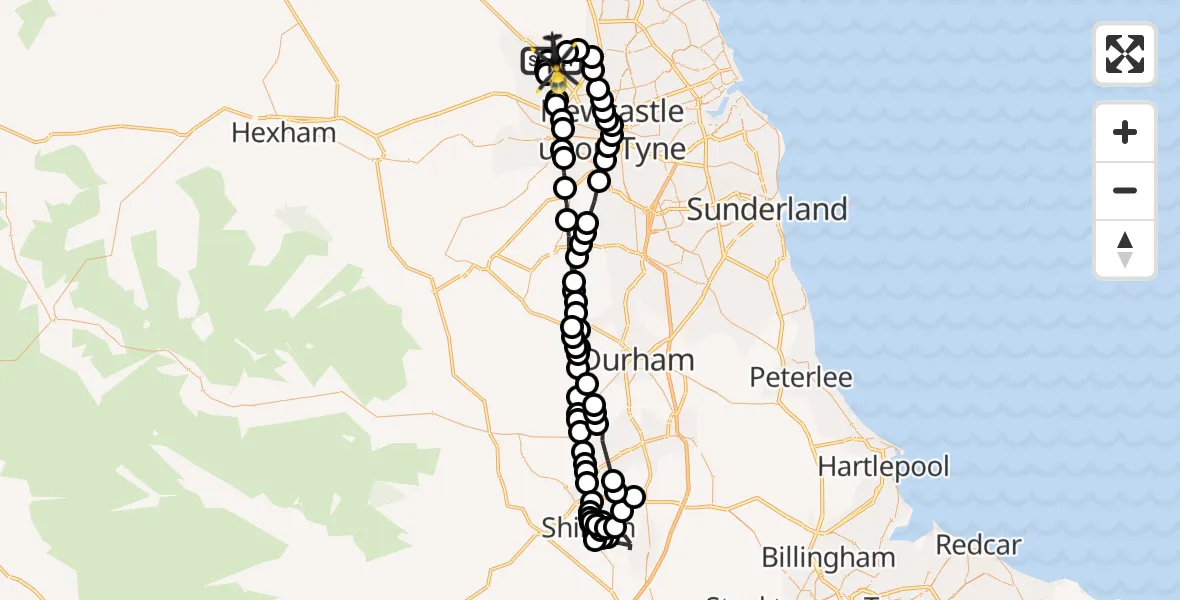 Flight route Police Helicopter Newcastle International Airport - Woolsington, 03 July 2026, 18:27