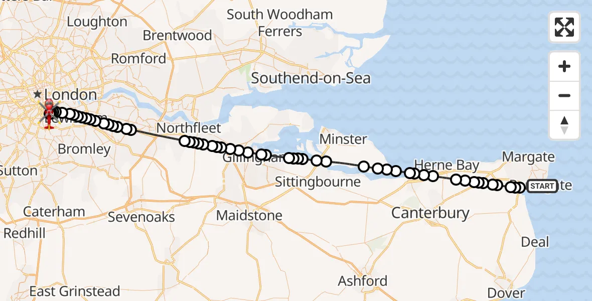 Flight route Air Ambulance Helicopter Ramsgate - Kings College London Hospital, 03 July 2026, 18:29