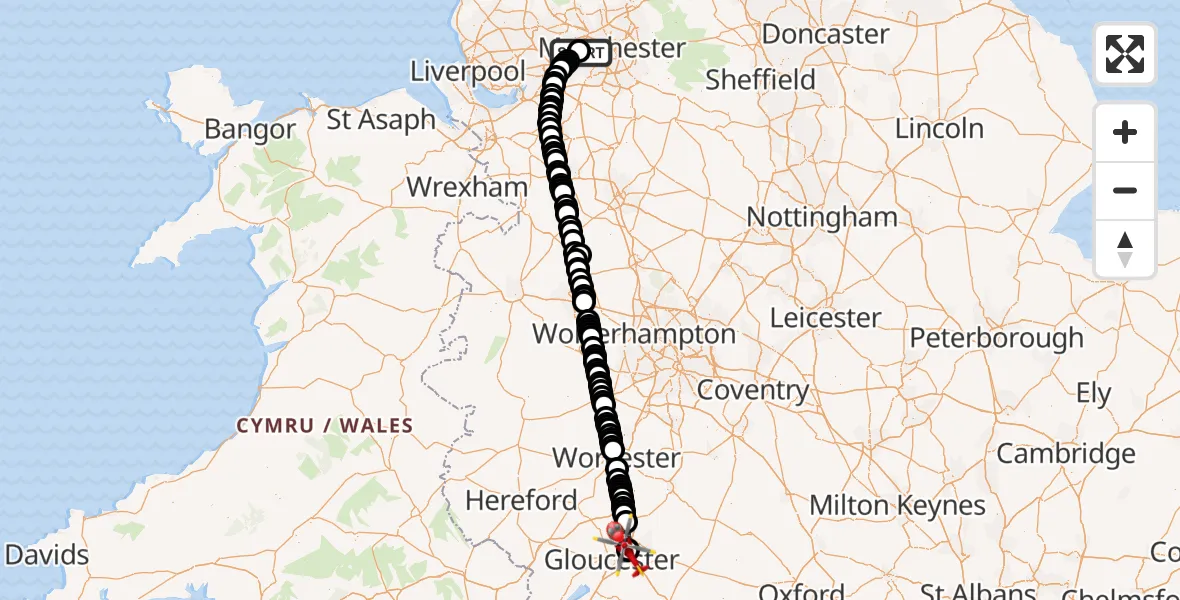 Flight route Air Ambulance Helicopter Manchester Barton Aerodrome - Gloucestershire Airport, 03 July 2026, 18:47