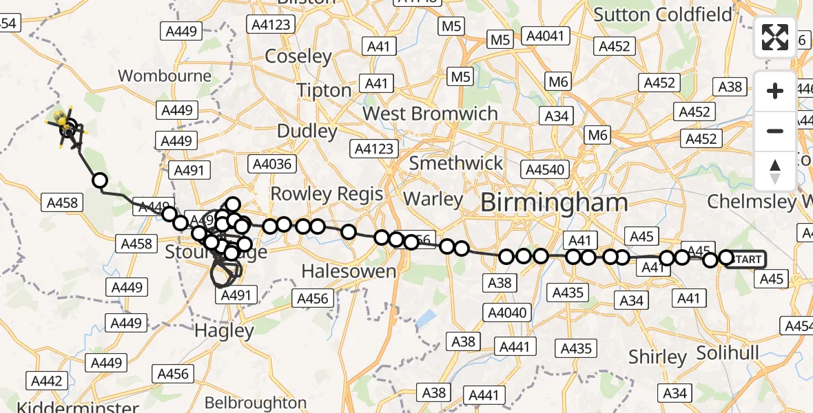 Flight route Police Helicopter Sheldon - Enville, 03 July 2026, 18:48