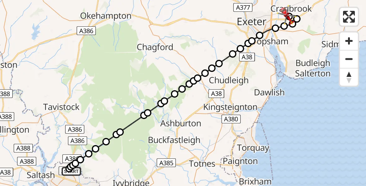 Flight route Air Ambulance Helicopter Derriford Hospital - Exeter International Airport, 03 July 2026, 18:52