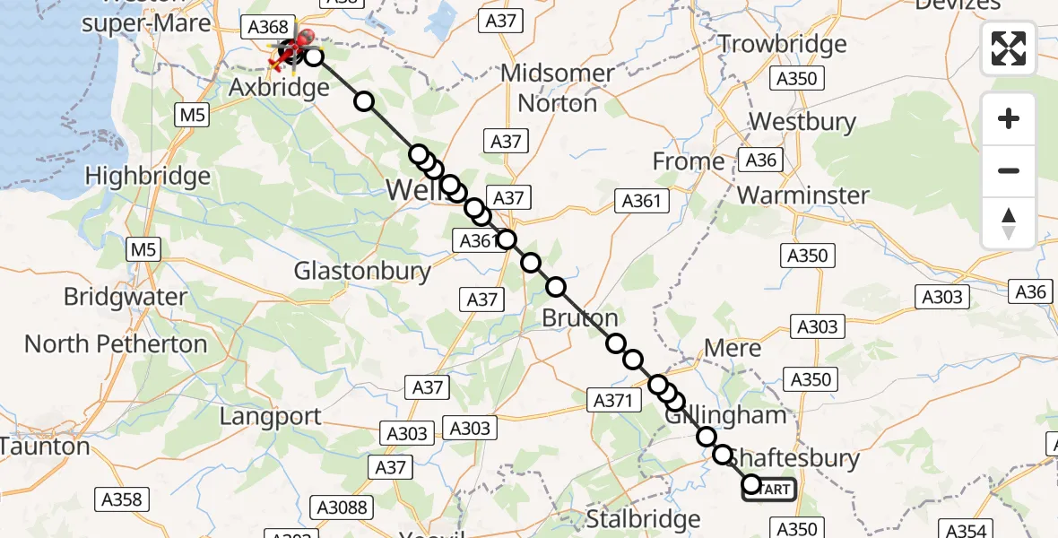 Flight route Air Ambulance Helicopter Fontmell Magna - Shipham, 03 July 2026, 18:55
